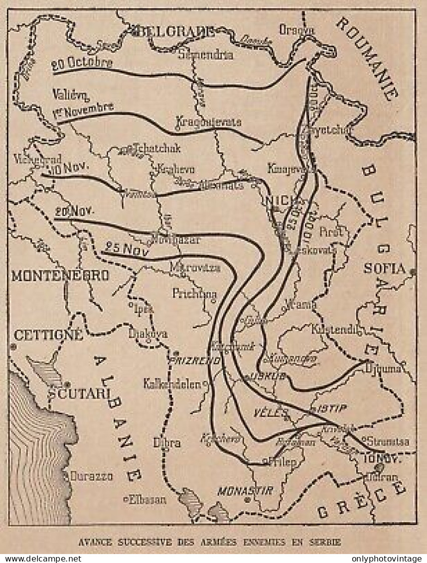 Avance Successive Des Armées Ennemies En Serbie - Mappa - 1915 Vintage Map - Landkarten