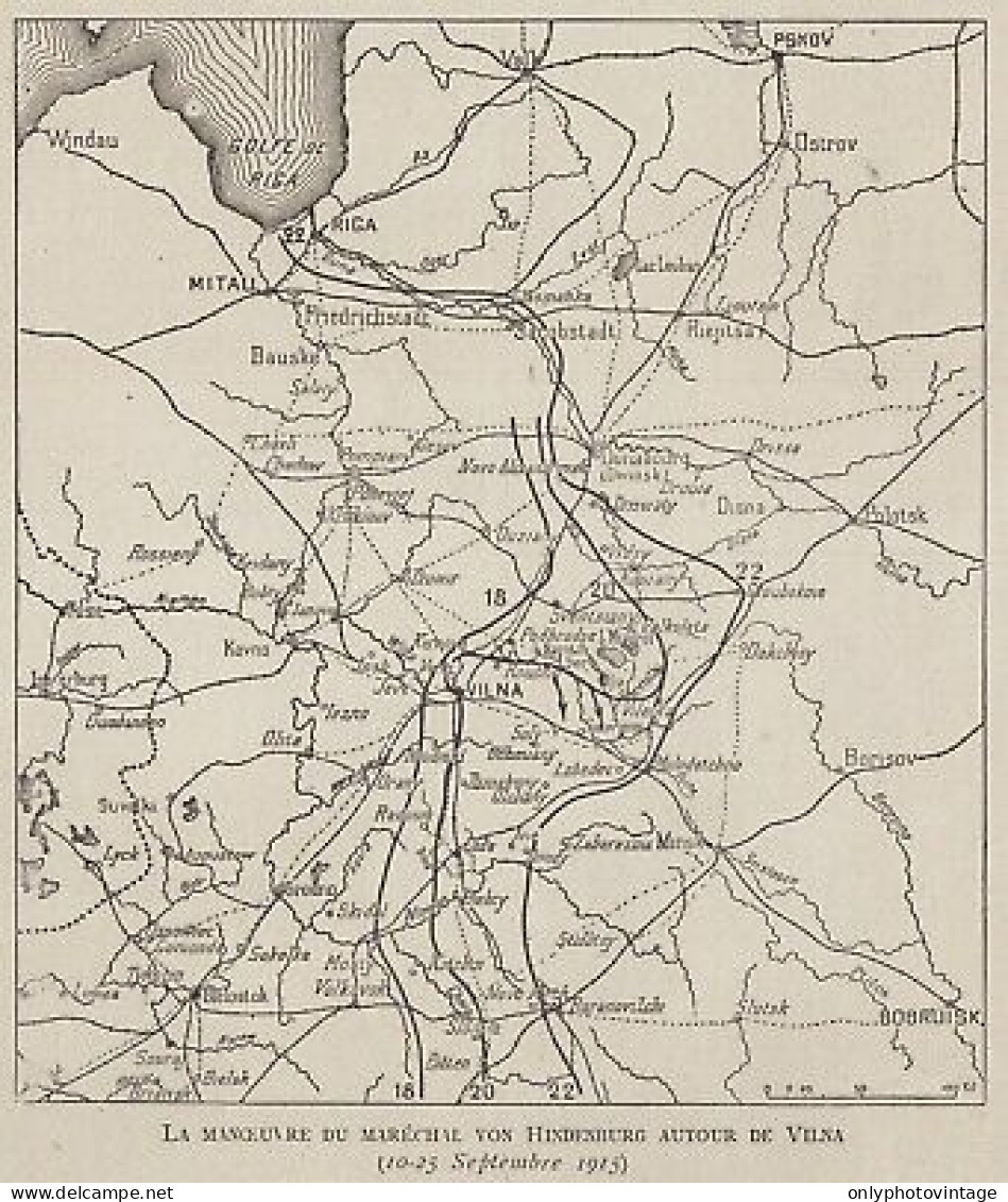 La Manoeuvre Du Maréchal Von Hindenburg Autour De Vilna - 1915 Vintage Map - Landkarten