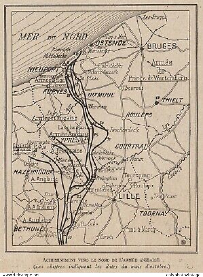 Ostende - Lille - Toornay - Hazebrouck - Mappa Epoca - 1915 Vintage Map - Cartes Géographiques