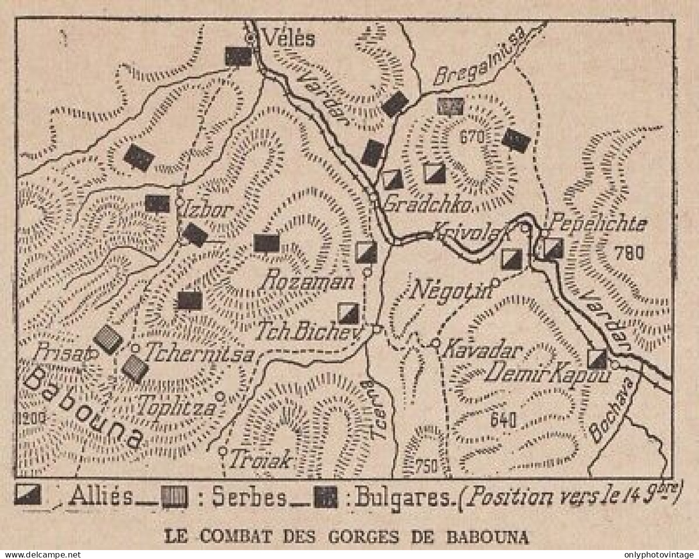 Le Combat Des Gorges De Babouna - Mappa Epoca - 1915 Vintage Map - Cartes Géographiques