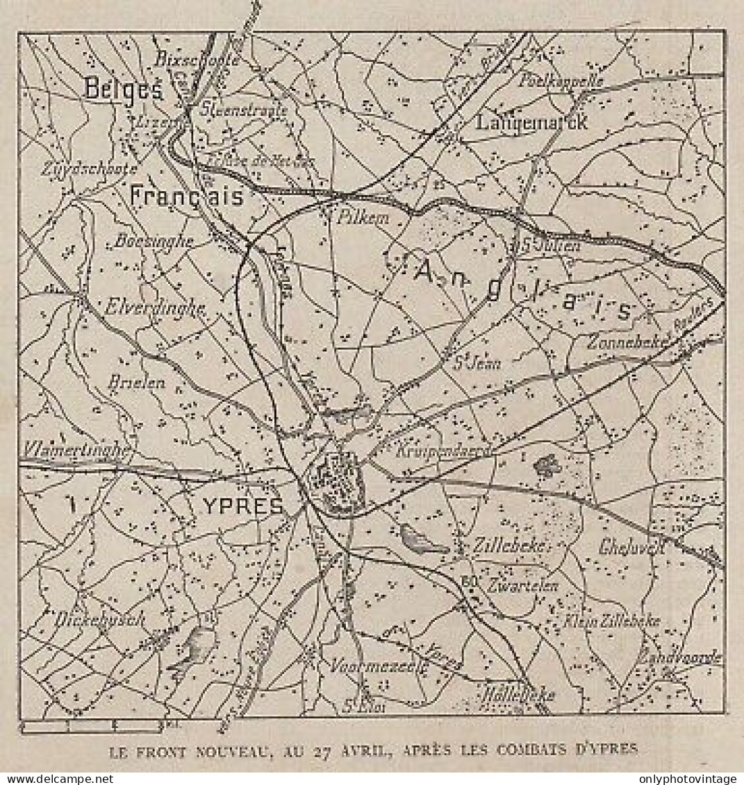 Le Front Nouveau Après Les Combats D'Ypres - Belgique - 1915 Vintage Map - Carte Geographique