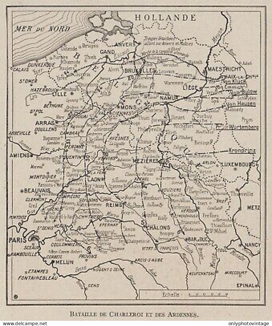 Bataille De Charleroi Et Des Ardennes - Belgique - 1915 Vintage Map - Carte Geographique