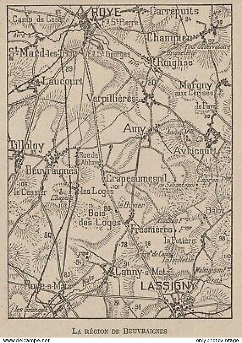 La Région De Beuvraignes - France - Mappa Epoca - 1915 Vintage Map - Carte Geographique