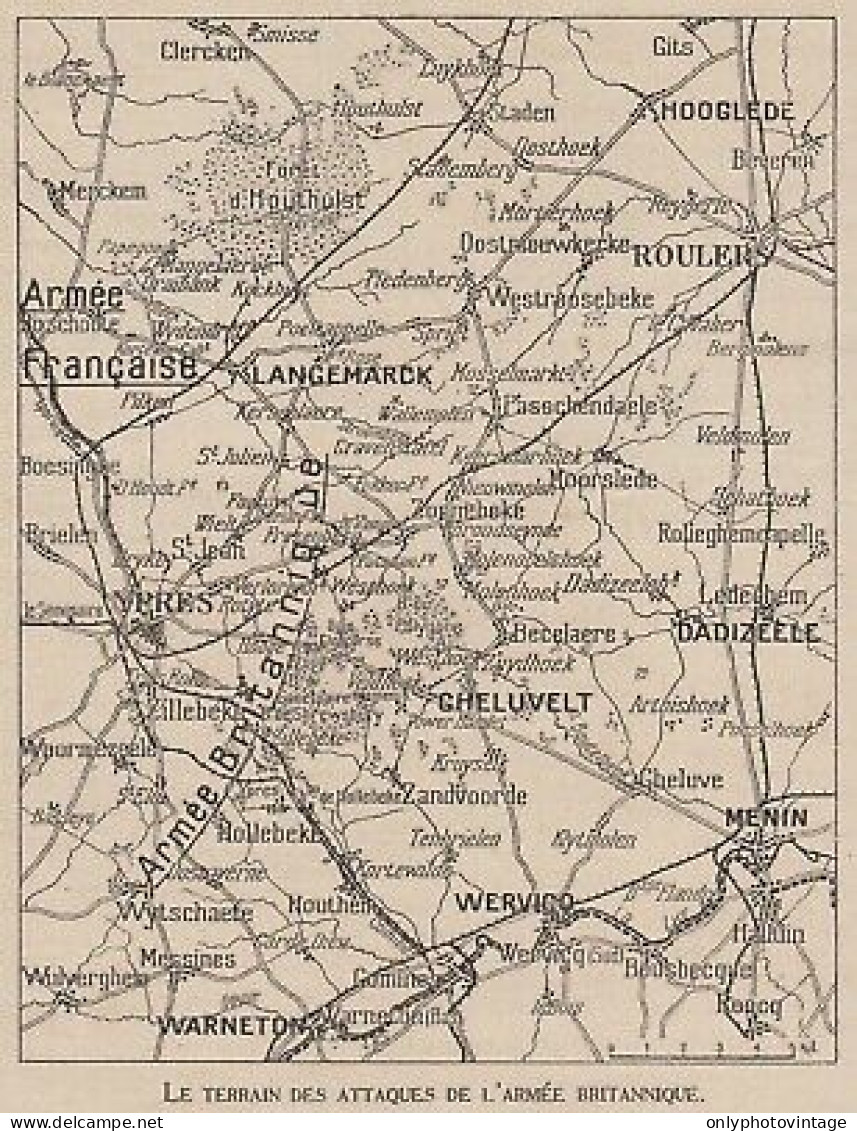 Belgique - Wervico - Menin - Rouler - Ypres - Mappa - 1917 Vintage Map - Carte Geographique