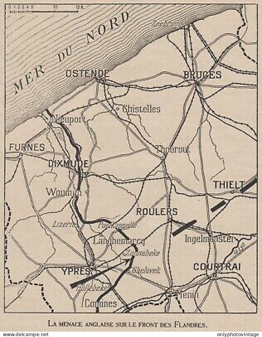 La Menace Anglaise Sur Le Front Des Flandres - Mappa - 1917 Vintage Map - Carte Geographique