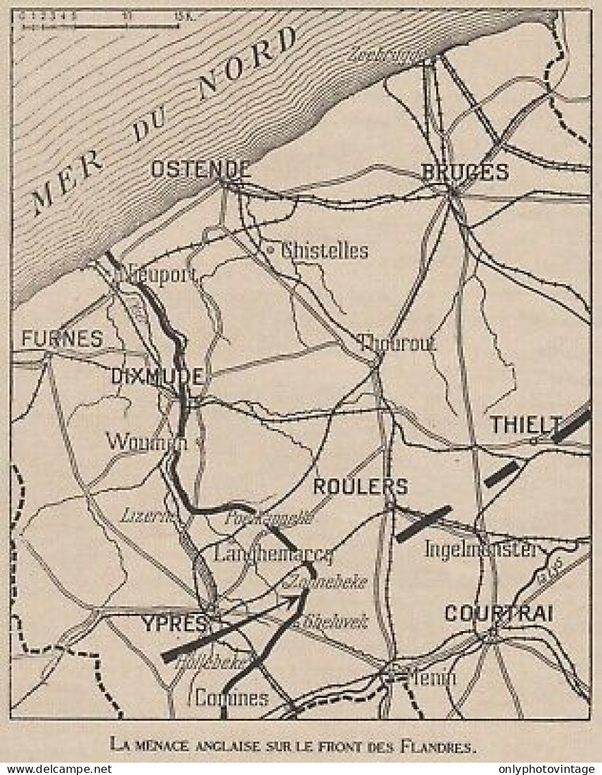 La Menace Anglaise Sur Le Front Des Flandres - Mappa - 1917 Vintage Map - Cartes Géographiques