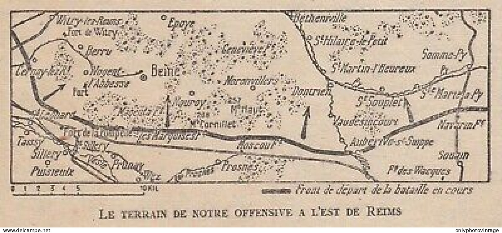 Le Terrain De Offensive Française A L'est De Reims - 1917 Vintage Map - Carte Geographique