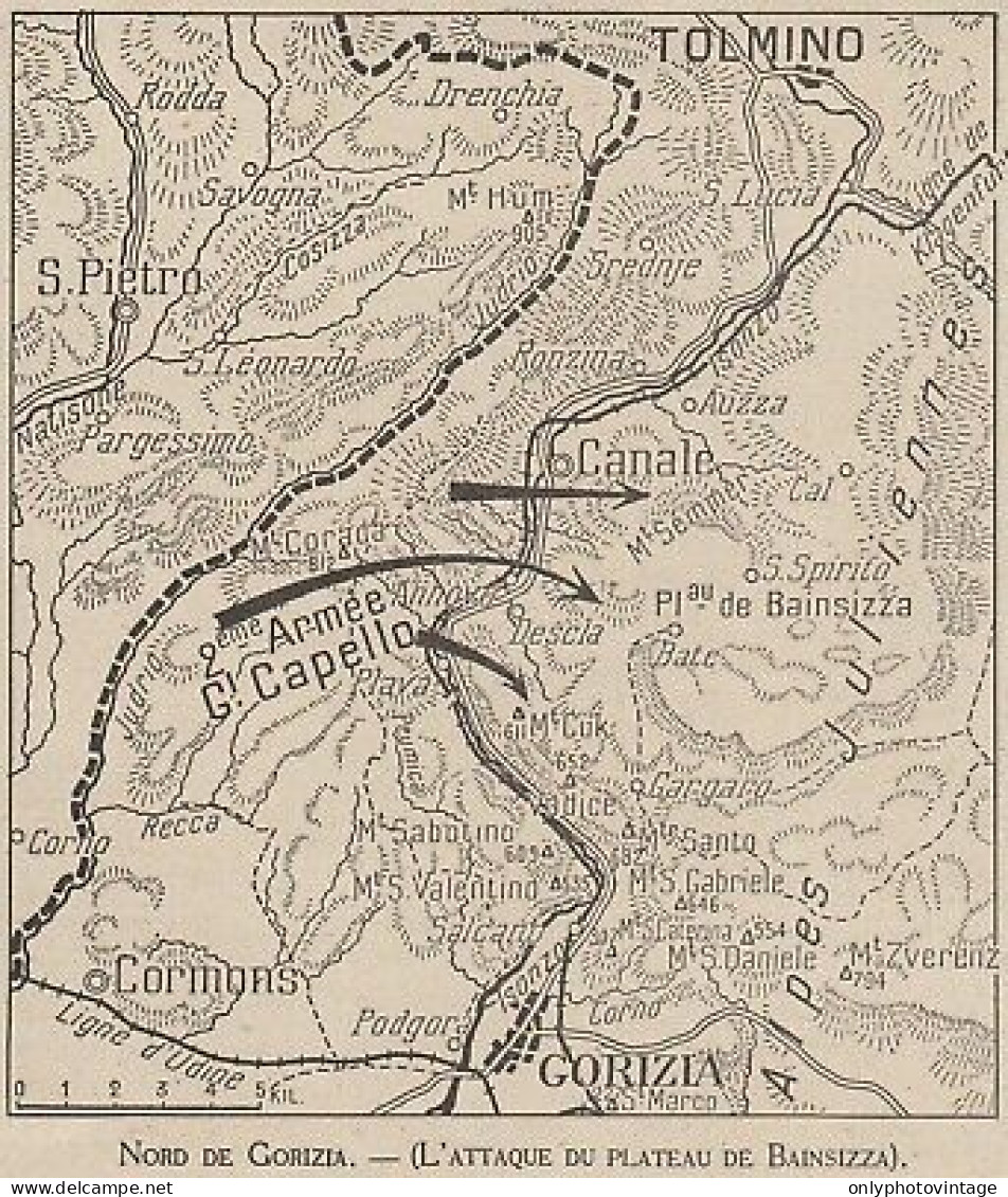 Nord De Gorizia - L'attaque Du Plateau De Bainsizza - 1917 Vintage Map - Carte Geographique