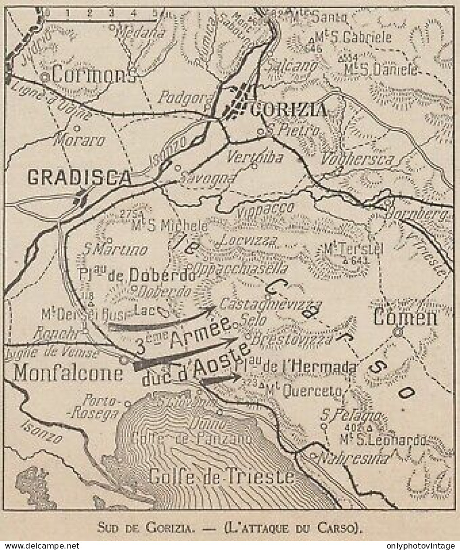 Sud De Gorizia - L'attaque Du Carso - Mappa Epoca - 1917 Vintage Map - Carte Geographique