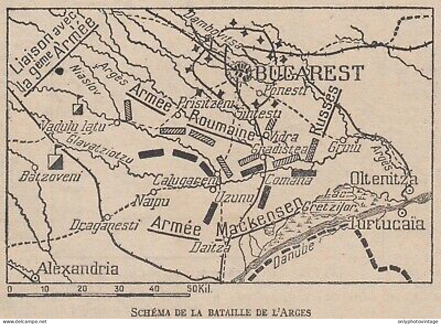 Schéma De La Bataille De L'Arges - Mappa Epoca - 1917 Vintage Map - Carte Geographique