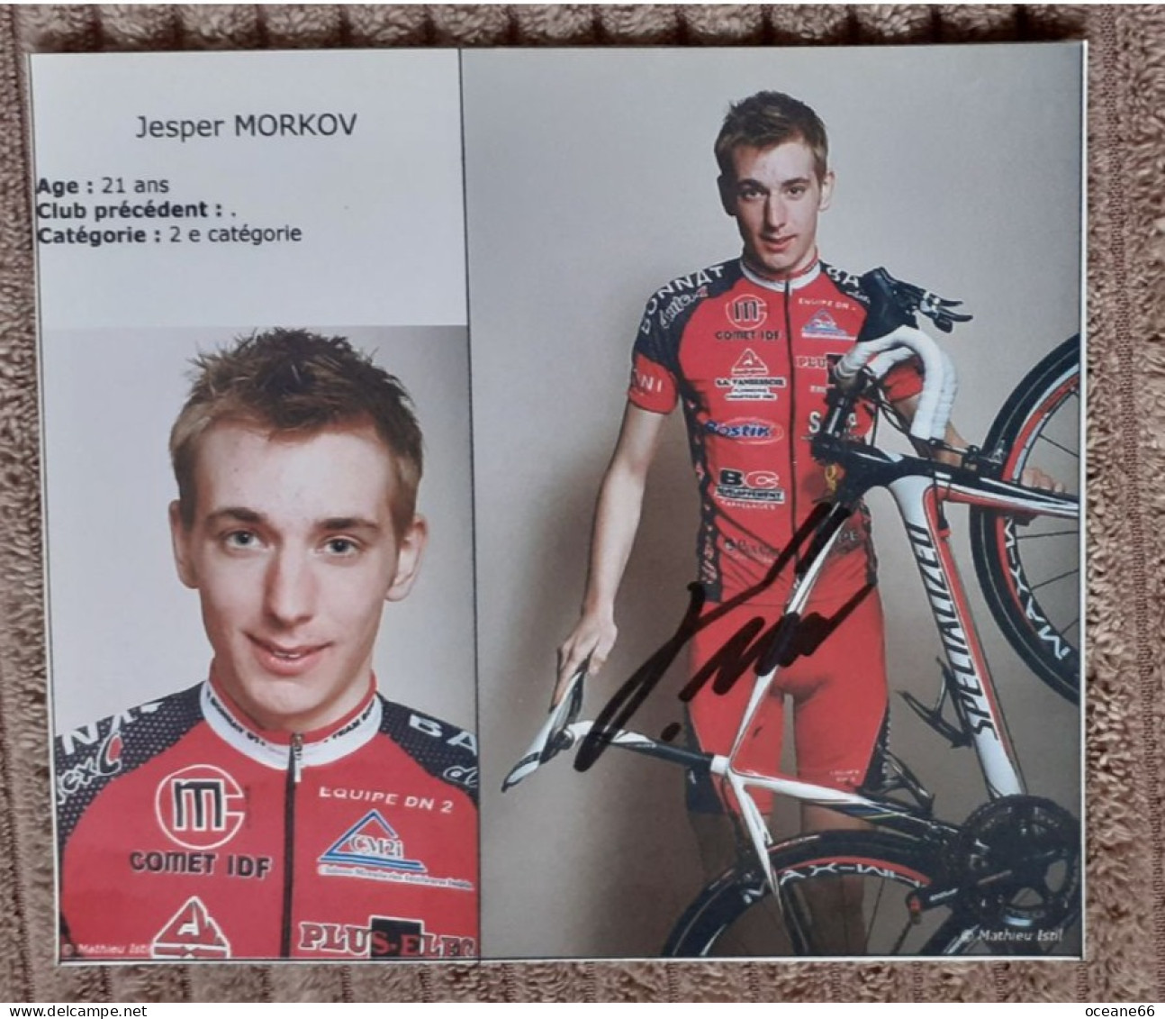 Autographe Jesper Morkov Bonnat 2009 Format 12 X  13,5 Cm - Cyclisme