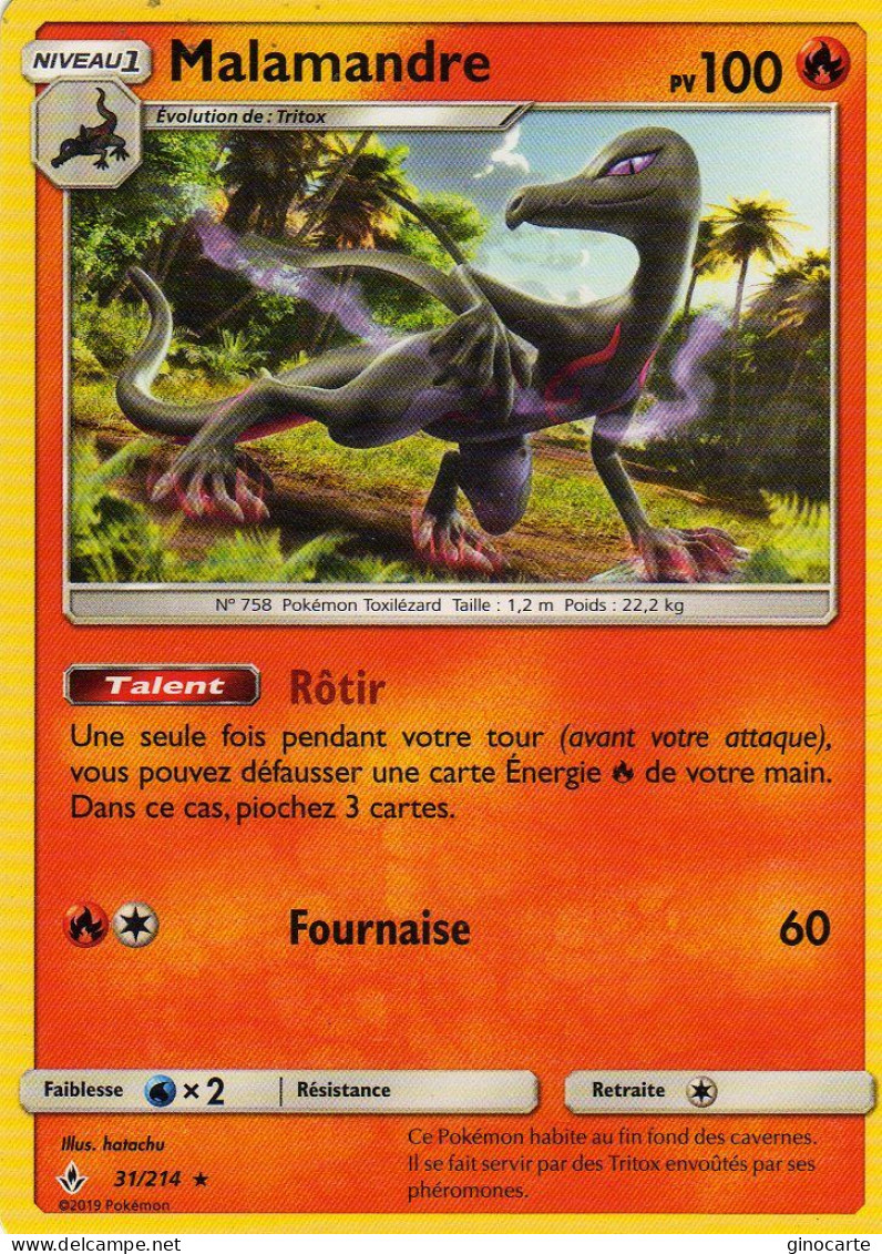 Carte Pokemon 31/214 Malamandre 100pv 2019 - Otros & Sin Clasificación