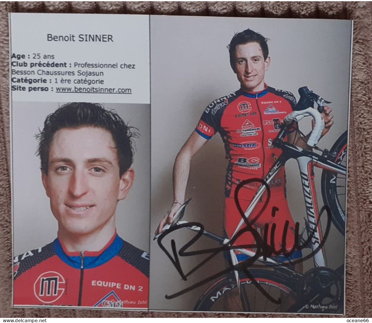 Autographe Benoit Sinner Bonnat 2009 Format 12 X  13,5 Cm - Cyclisme