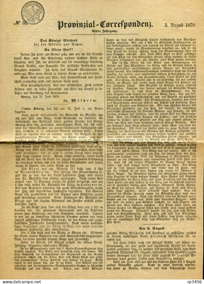 "PROVINZIAL-CORRESPONDENZ" 3.August 1870, Mit Zeitungsstempel, 4 Seiten, Int. Inhalt (R1118) - Historische Dokumente