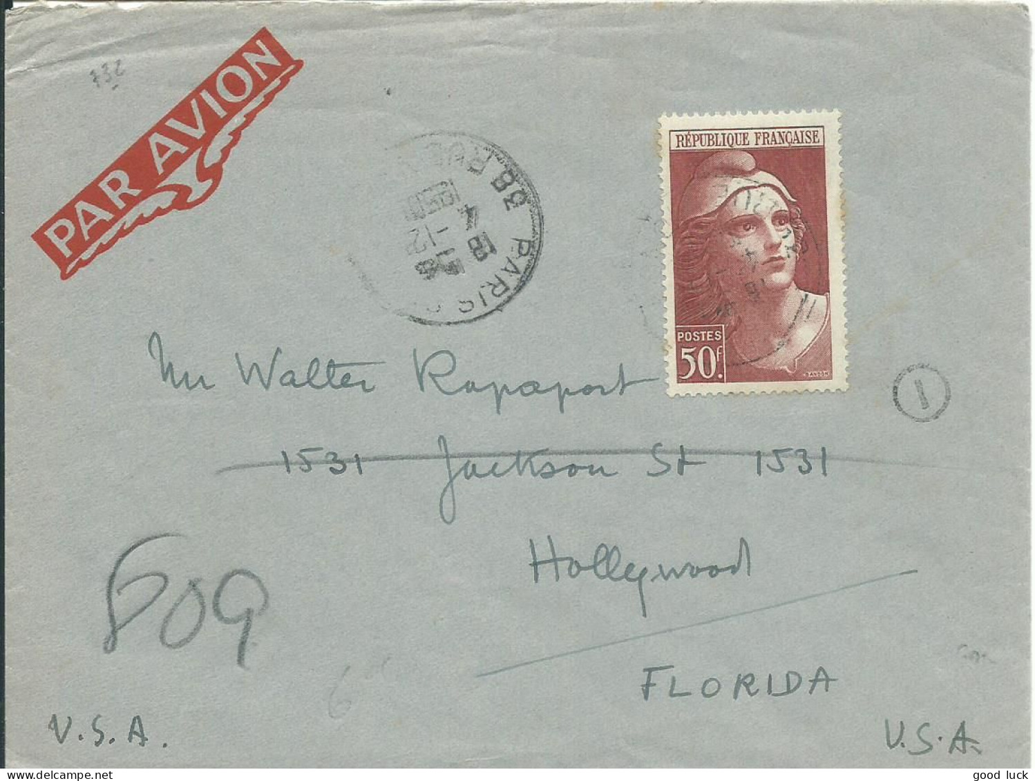 FRANCE LETTRE PAR AVION 50F SEUL PARIS POUR HOLLYWOOD ( FLORIDE / USA ) DE 1950 LETTRE COVER - 1921-1960: Periodo Moderno