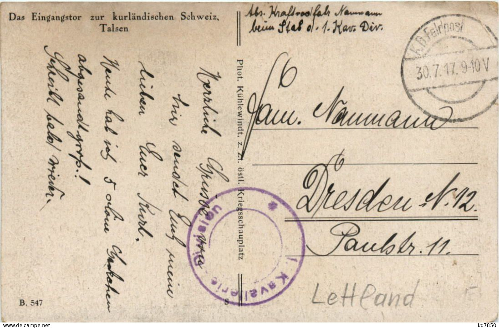 Ansicht Von Talsen - Feldpost - Kavallerie Division - Lettonie