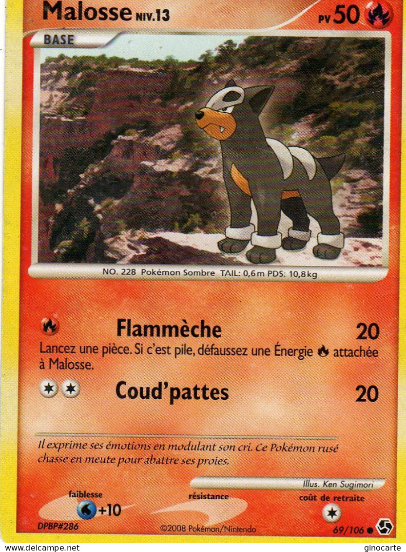 Carte Pokemon 69/106 Malosse 50pv 2008 - Other & Unclassified