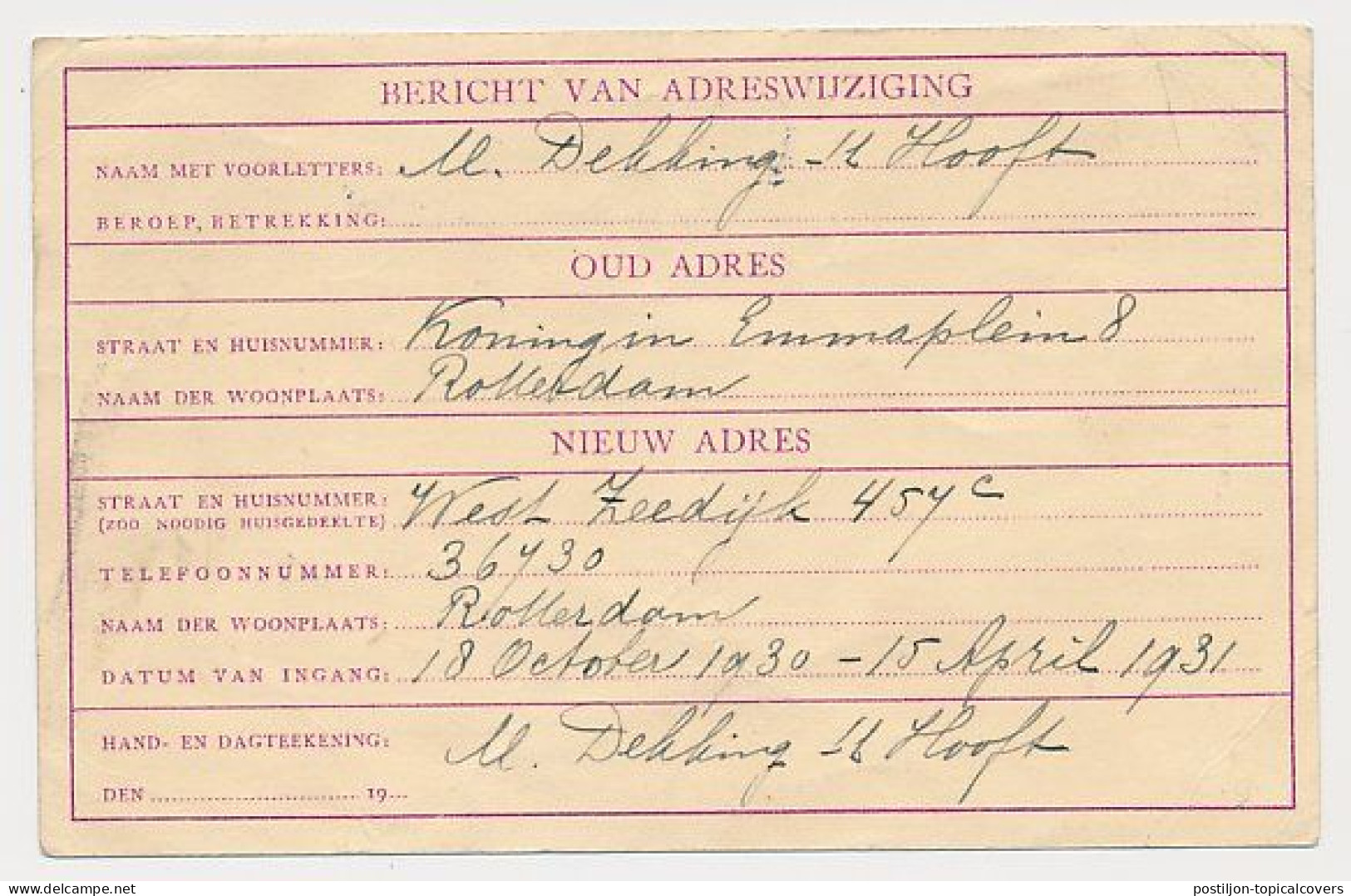 Verhuiskaart G.9 Bijfrankering  Rotterdam - Oostenrijk 1930 - Lettres & Documents