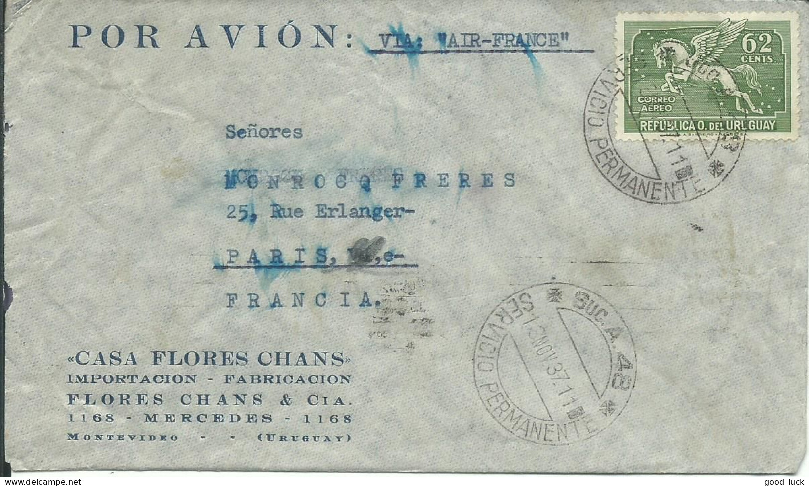 URUGUAY LETTRE A ENTETE PAR AVION 62c SEUL MONTEVIDEO POUR PARIS ( FRANCE ) DE  1937 LETTRE COVER - Uruguay