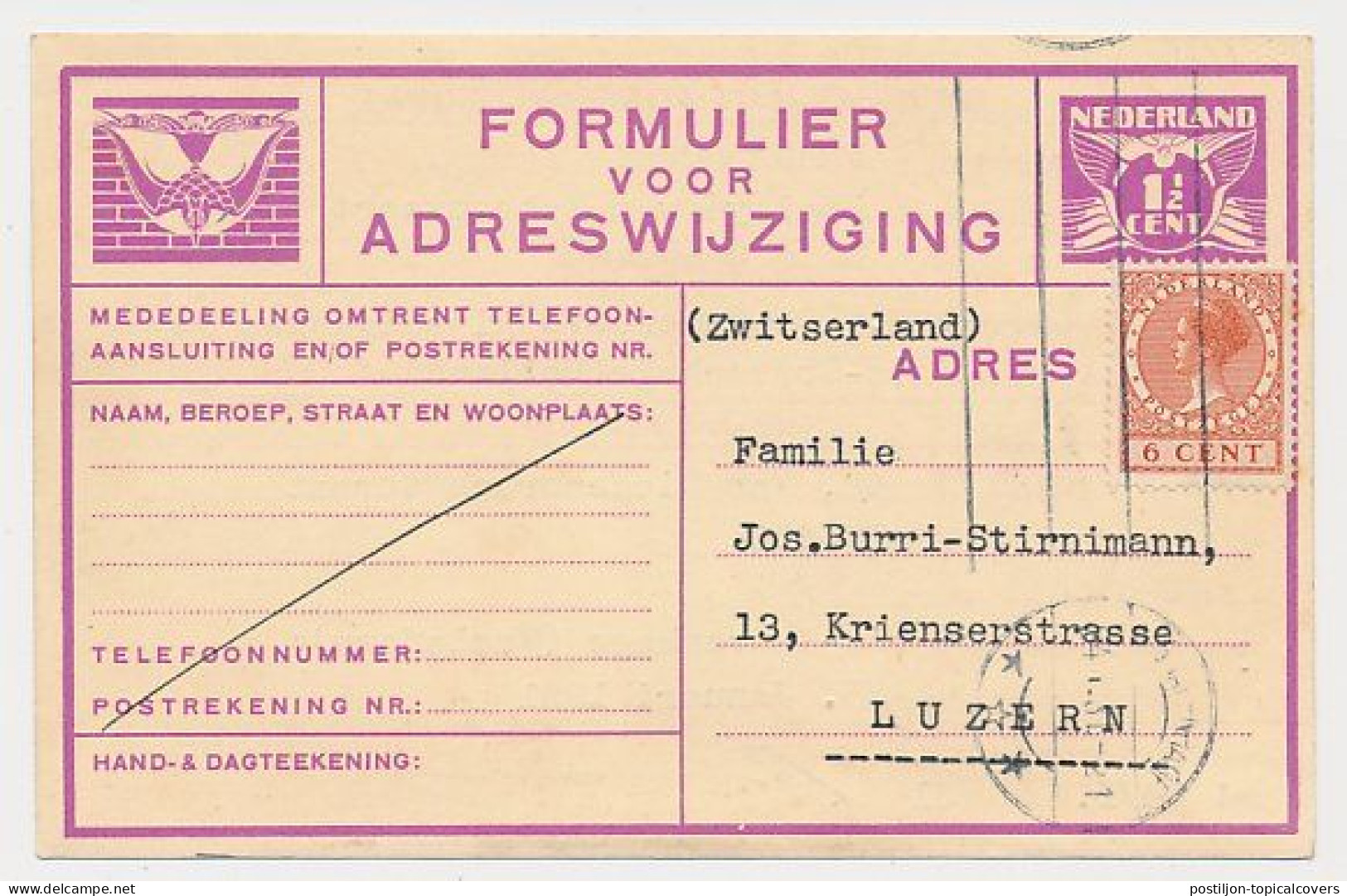 Verhuiskaart G.10 Bijfrankering S Gravenhage - Zwitserland 1931 - Briefe U. Dokumente