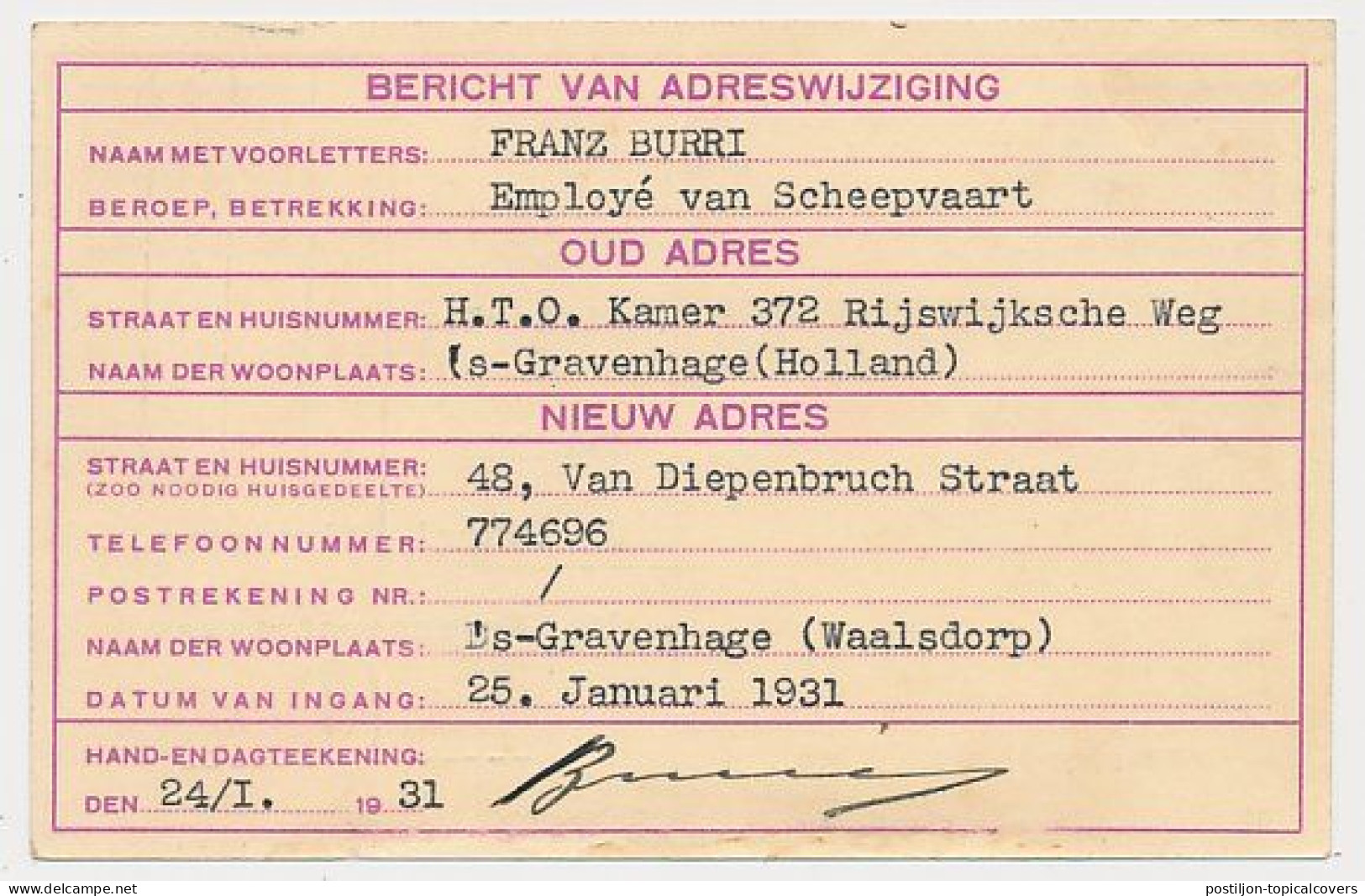 Verhuiskaart G.10 Bijfrankering S Gravenhage - Zwitserland 1931 - Brieven En Documenten