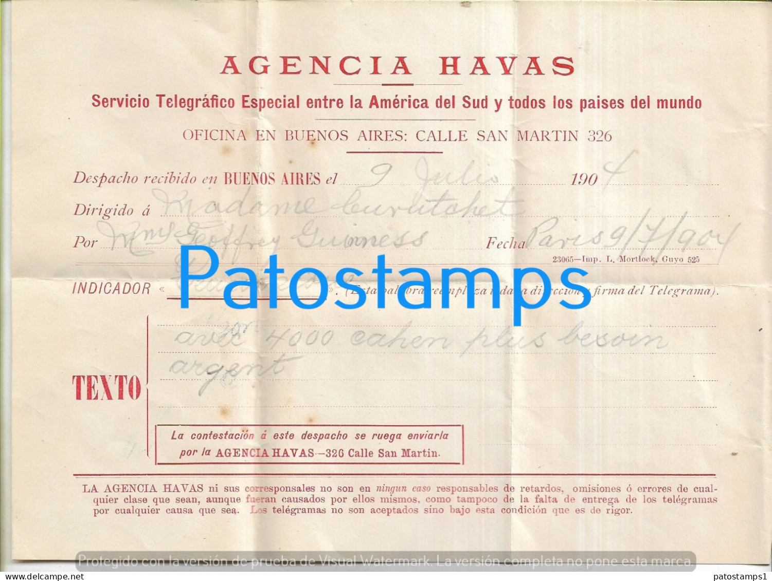 227144 ARGENTINA BUENOS AIRES COVER TELEGRAFO TELEGRAMA URGENTE AGENCIA HAVAS YEAR 1904 NO POSTAL POSTCARD - Sonstige & Ohne Zuordnung