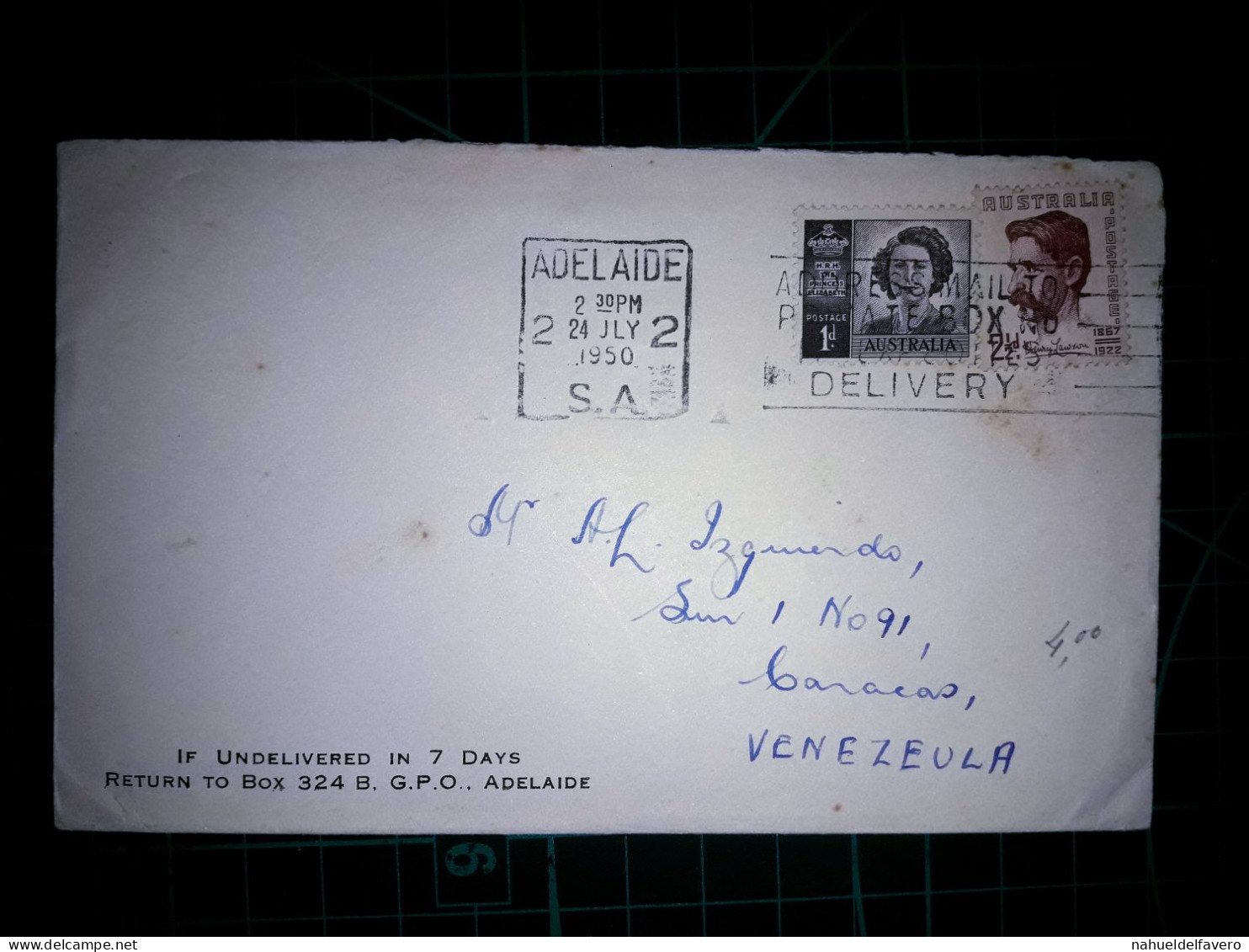 AUSTRALIE; Enveloppe Envoyée à Caracas, Venezuela Avec Cachet Spécial Et Variété De Timbres-poste. Année 1950. - Usados