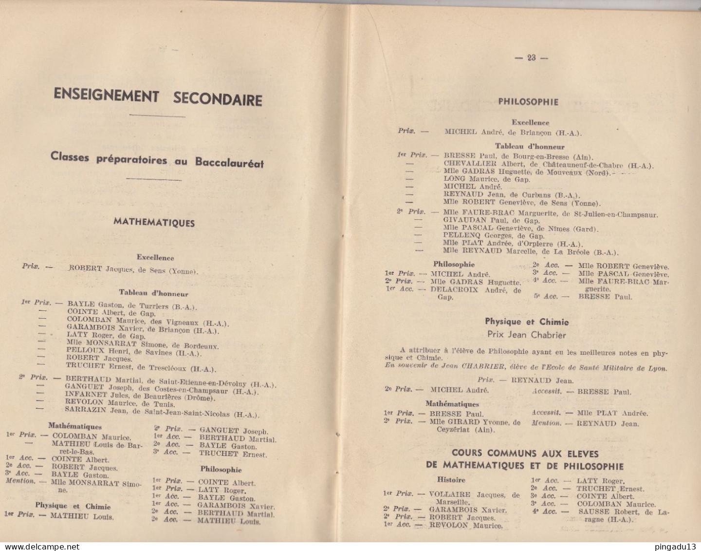 Fixe Gap Hautes-Alpes 13 Juillet 1939 Distribution Des Prix Lycée Dominique Villars Et Ecole Primaire Supérieure - Diplomi E Pagelle