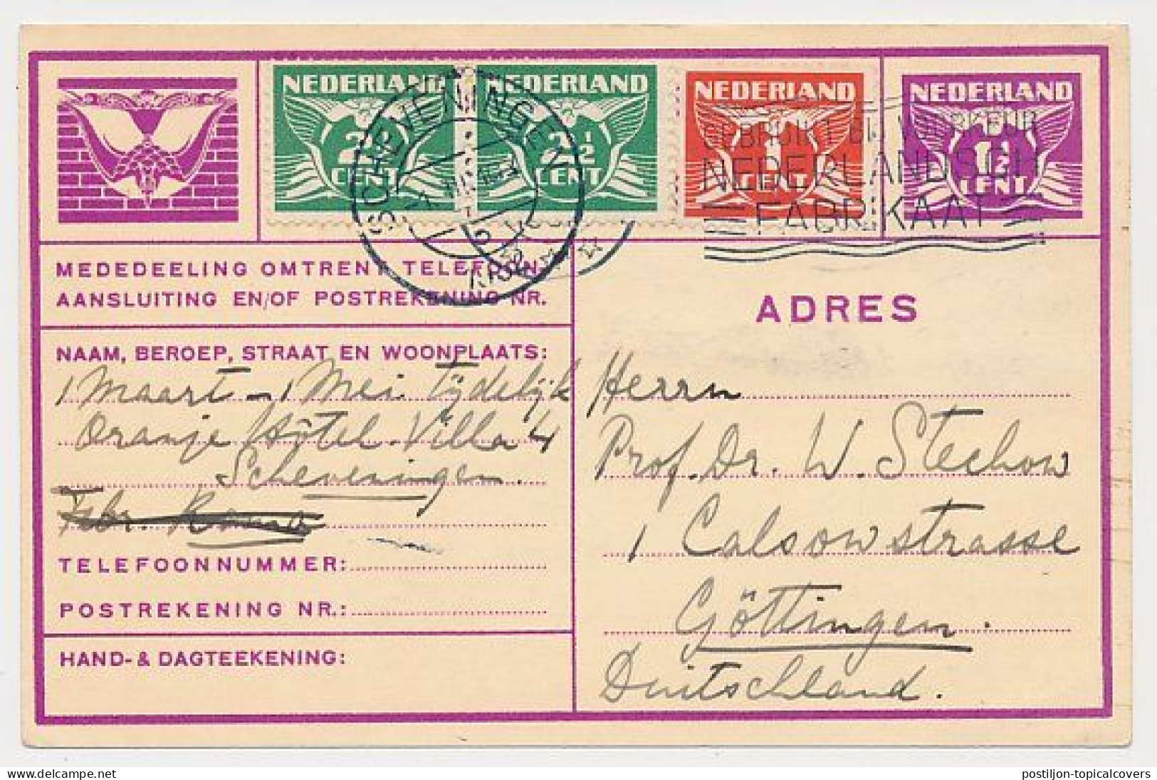 Verhuiskaart G.10 Bijfrankering S Gravenhage - Scheveningen  - Duitsland 1931 - Briefe U. Dokumente