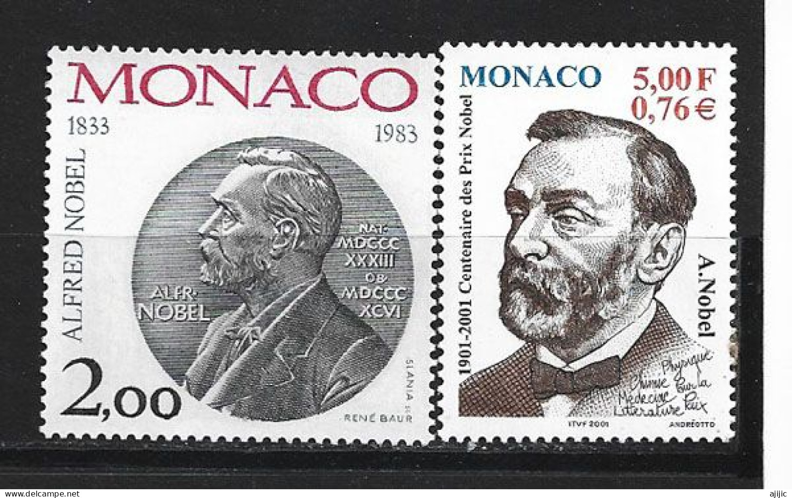 ALFRED NOBEL  (Prix Nobel)  2 Timbres Neufs ** De MONACO - Premio Nobel