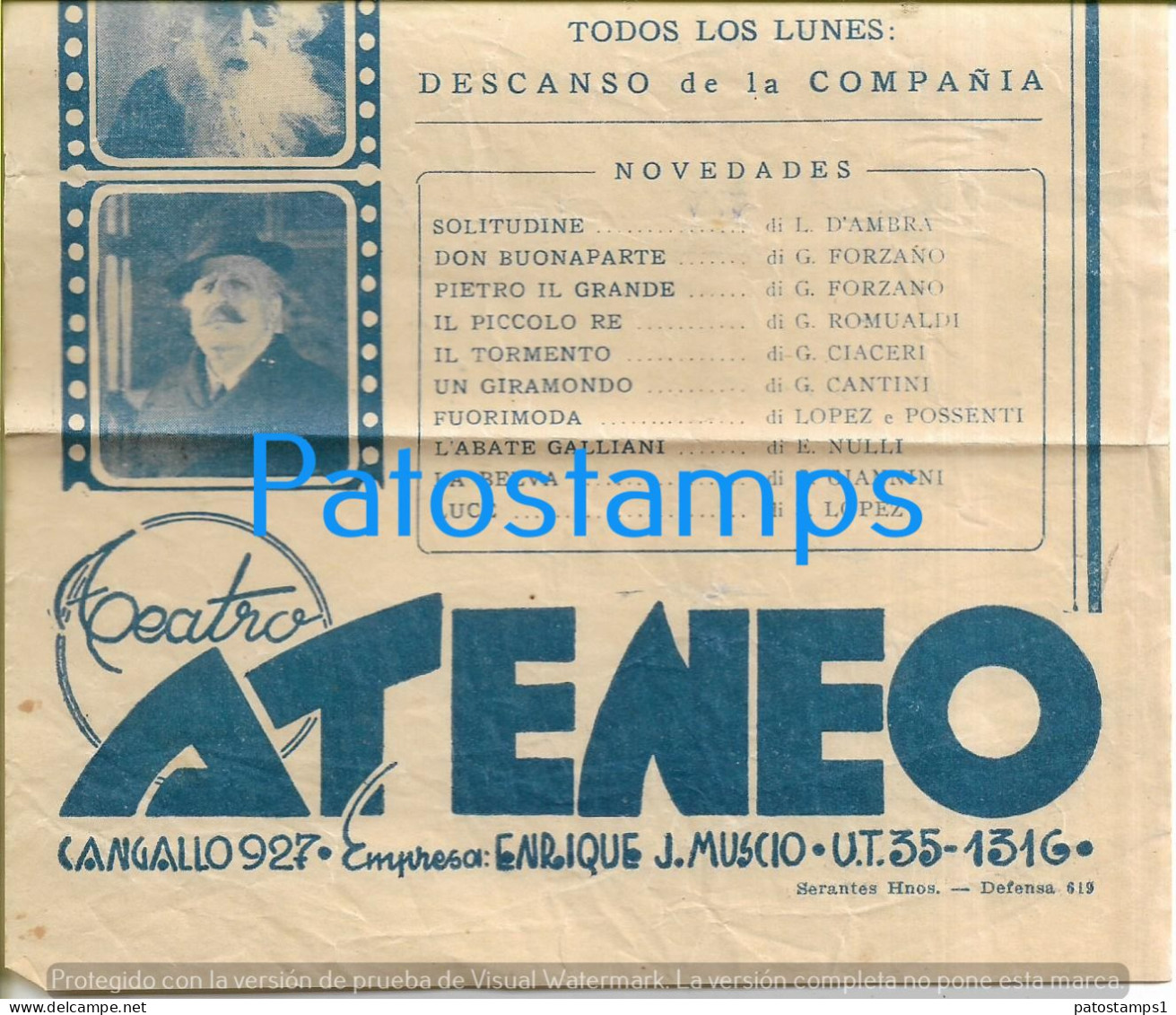 227146 ARGENTINA BS AS TEATRO ATENEO ENRIQUE J. MUSCIO COMPANIA ITALY ERMETE ZACCONI FUNCIONES 67.5 X 17 CM NO POSTCARD - Argentina