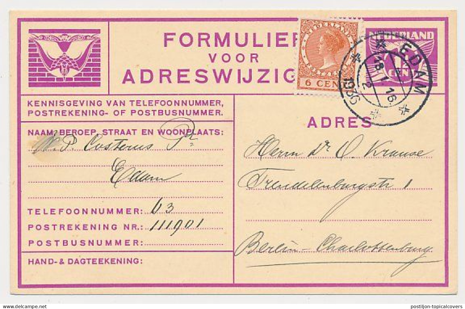 Verhuiskaart G.11 Bijfrankering Edam - Duitsland 1936 - Brieven En Documenten