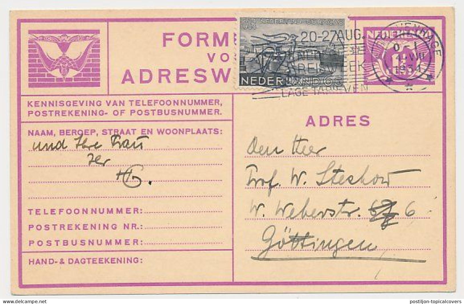 Verhuiskaart G.11 Bijfrankering S Gravenhage - Duitsland 1934 - Brieven En Documenten