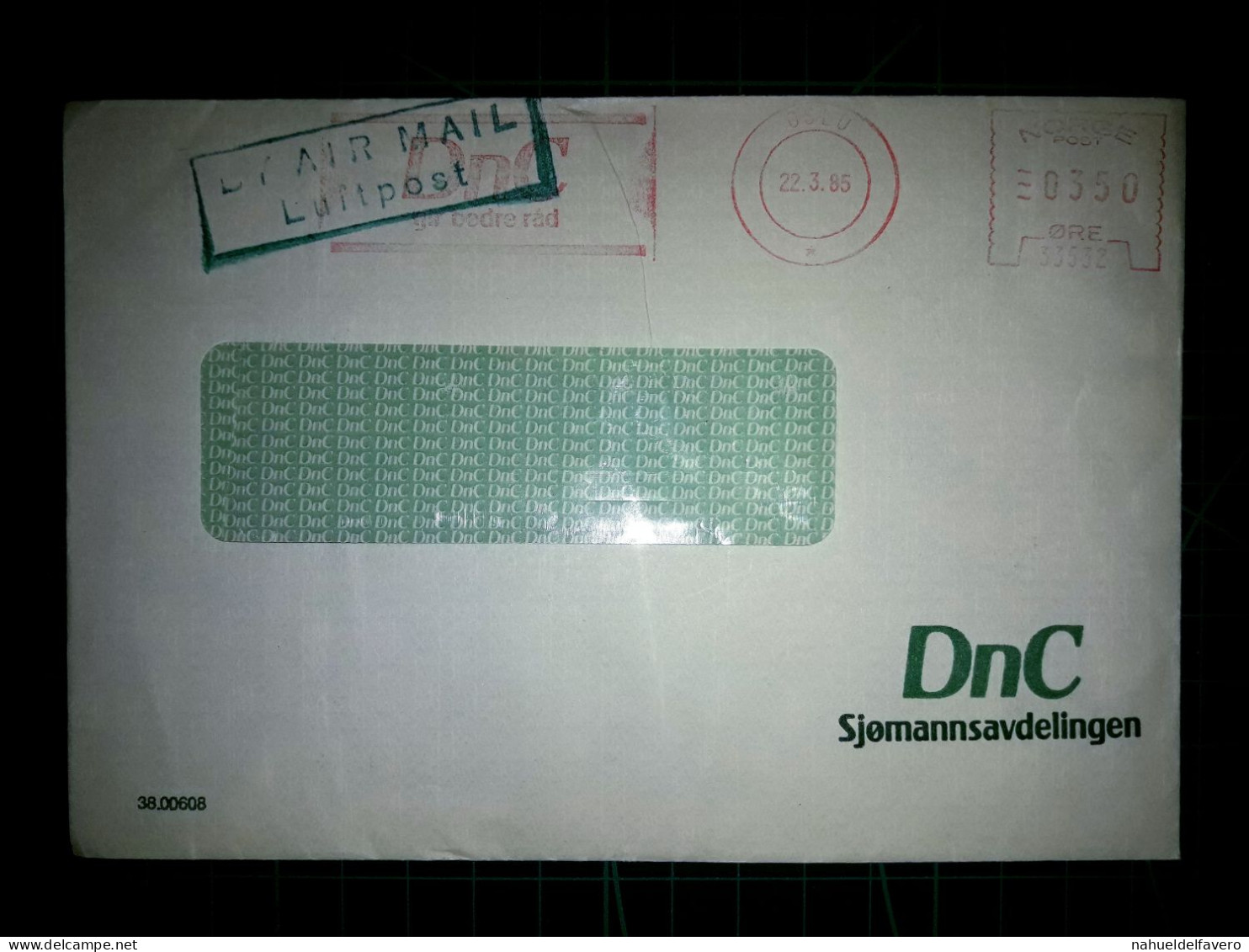 NORVÈGE, Enveloppe De "DnD Sjomannsavdelingen" Circulée Par Avion Avec Affranchissement Mécanique. Année 1985. - Gebruikt