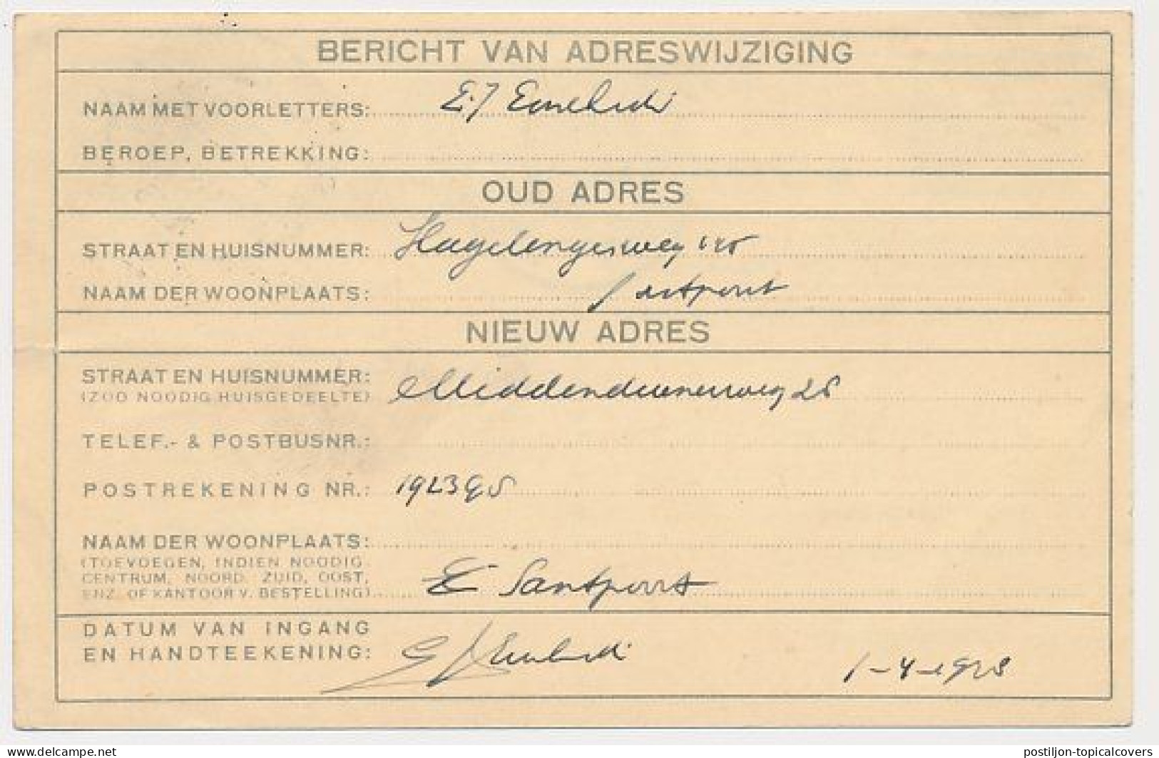 Verhuiskaart G.12 Bijfrankering Santpoort - Duitsland 1938 - Covers & Documents