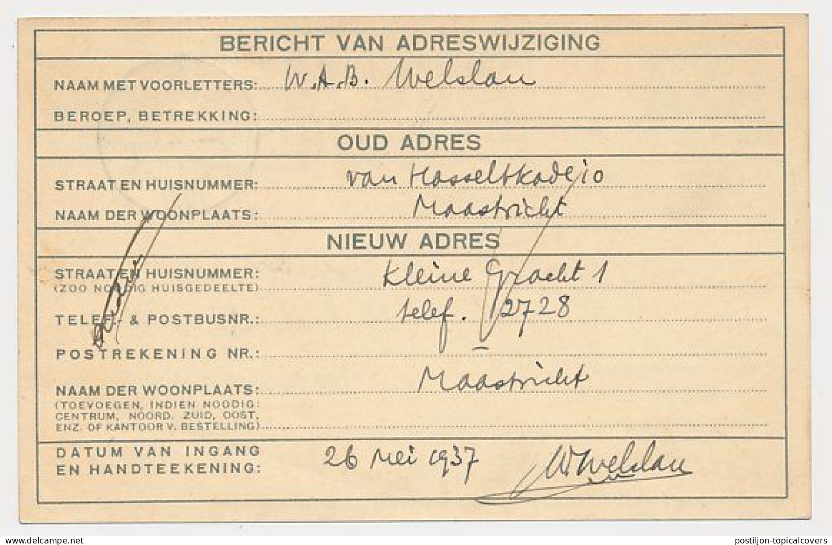 Verhuiskaart G.12 Bijfrankering Maastricht - Belgie 1937 - Brieven En Documenten