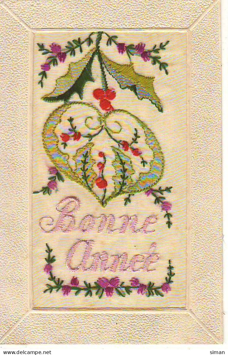 N°24852 - Carte Brodée - Bonne Année - Fleurs Et Houx - Brodées