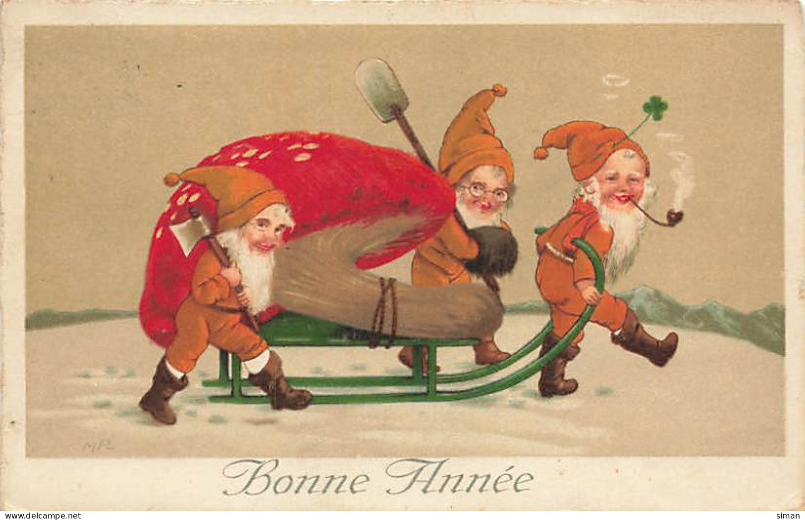 N°24883 - Flatscher - Bonne Année - Nains Tirant Un Champignon à L'aide D'une Luge - Nouvel An