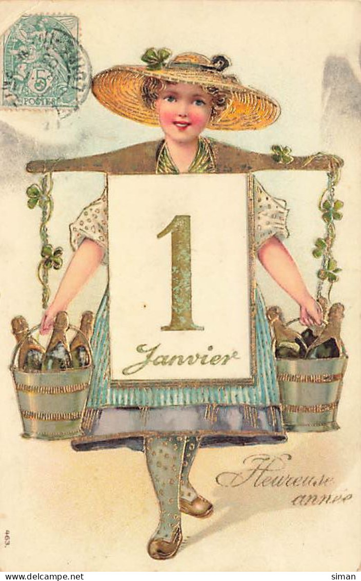 N°24885 - Carte Gaufrée - Heureuse Année - Jeune Femme Portant Des Bouteilles De Champagne - Nouvel An