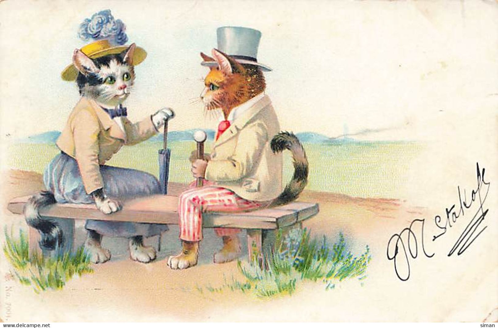 N°24893 - Fantaisie - N°7004 - Chats Habillés Flirtant Sur Un Banc - Dressed Animals