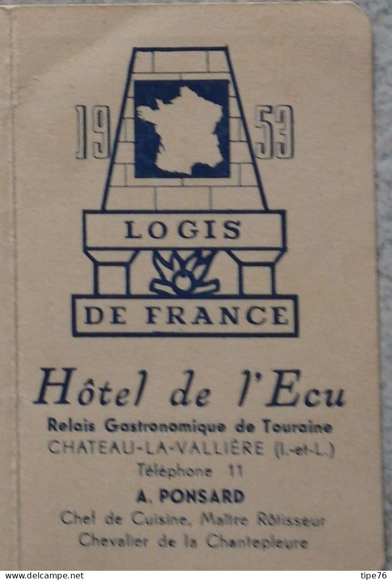 Petit Calendrier De Poche 1953 Logis De France Hôtel De L'Ecu Château La Valliere Ille Et Vilaine - Kleinformat : 1941-60