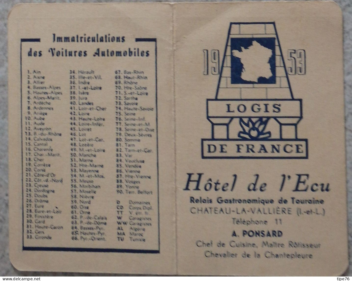 Petit Calendrier De Poche 1953 Logis De France Hôtel De L'Ecu Château La Valliere Ille Et Vilaine - Small : 1941-60