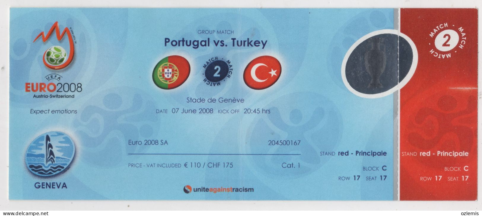 EURO 2008,AUSTRIA-SWITZERLAND ,GROUP MATCH ,PORTUGAL -TURKEY ,STADE DE GENEVA ,MATCH TICKET, - Tickets D'entrée