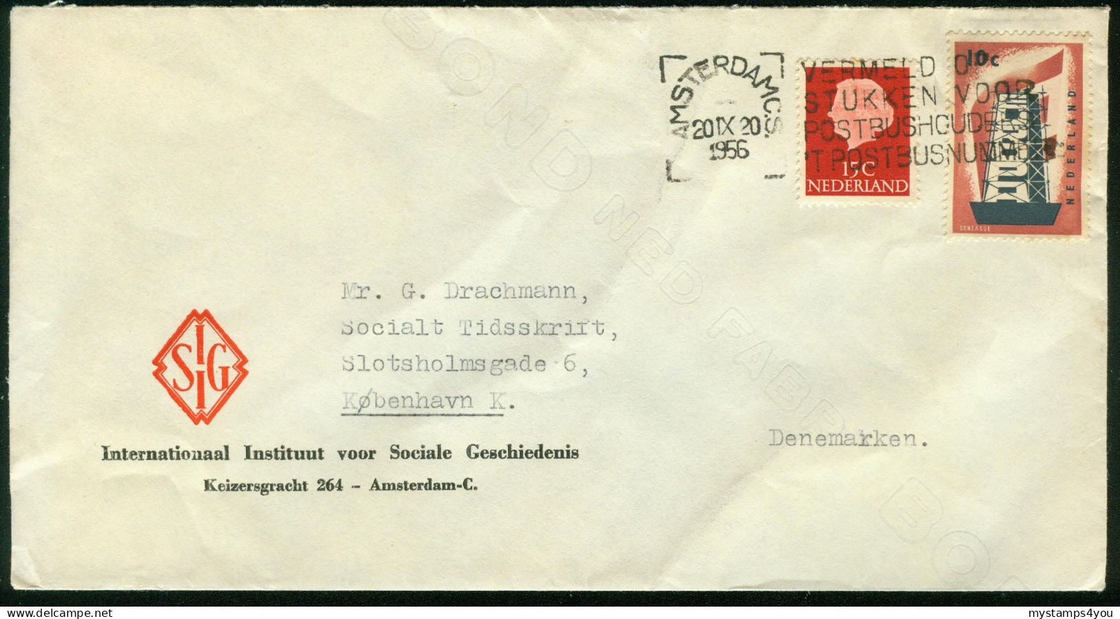 Br Netherlands, Amsterdam 1956 Cover (Internationaal Instituut Voor Sociale Geschiedenis) > Denmark #bel-1034 - Briefe U. Dokumente