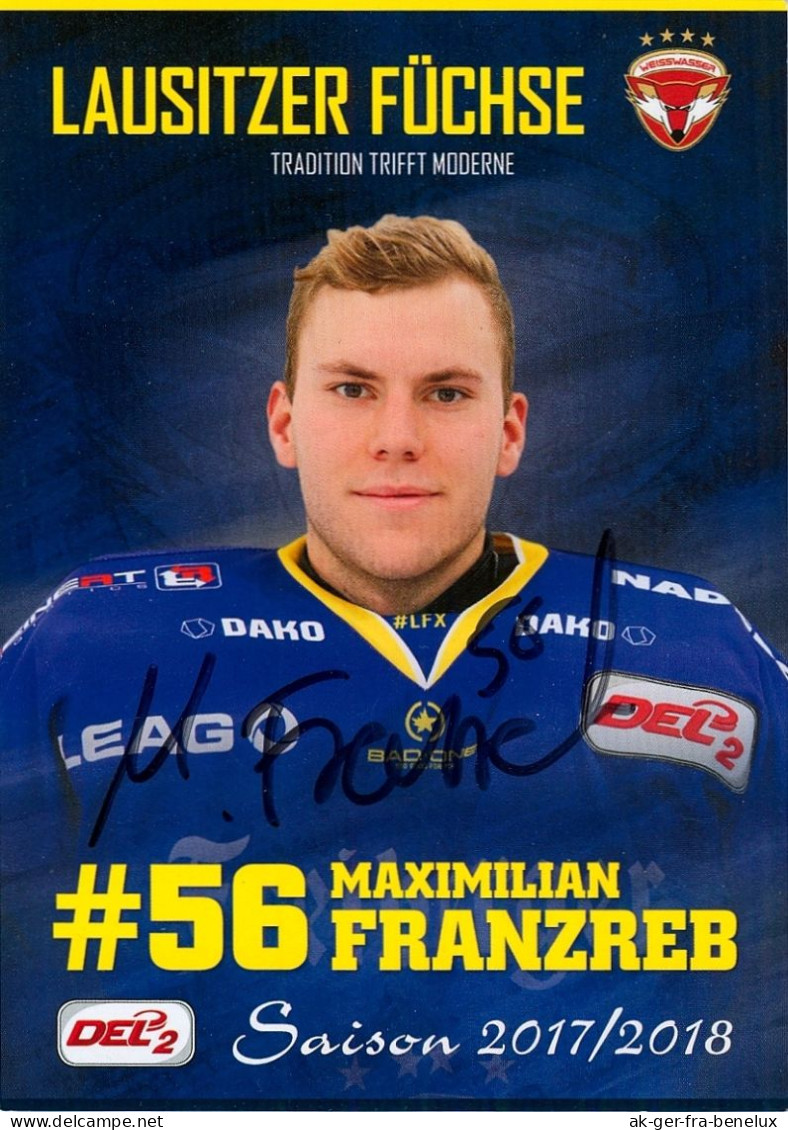 Autogramm Eishockey AK Maximilian Maxi Franzreb EHC Lausitzer Füchse 17-18 Weißwasser Bremerhaven EC Eisbären Berlin - Invierno