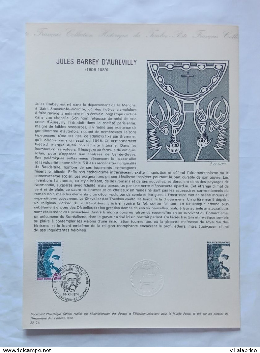 France 1974 – Les timbres de l’année oblitérés « premier jour » sur 34 documents philatéliques officiels