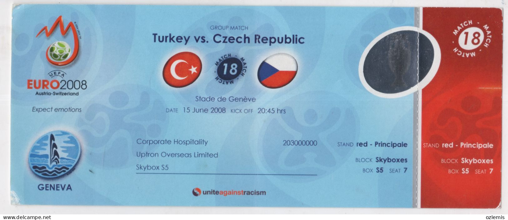 EURO 2008,AUSTRIA-SWITZERLAND ,GROUP MATCH ,TURKEY - CZECH REPUBLIC ,STADE DE GENEVA ,MATCH TICKET, - Eintrittskarten