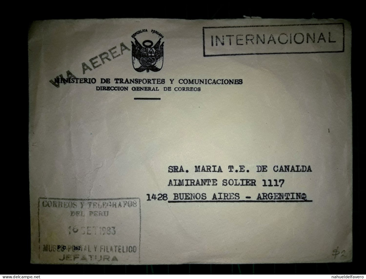 PÉROU, Enveloppe Du Ministère Des Transports Et Des Communications, Bureau Général Des Postes. Distribué à Buenos Aires, - Perù