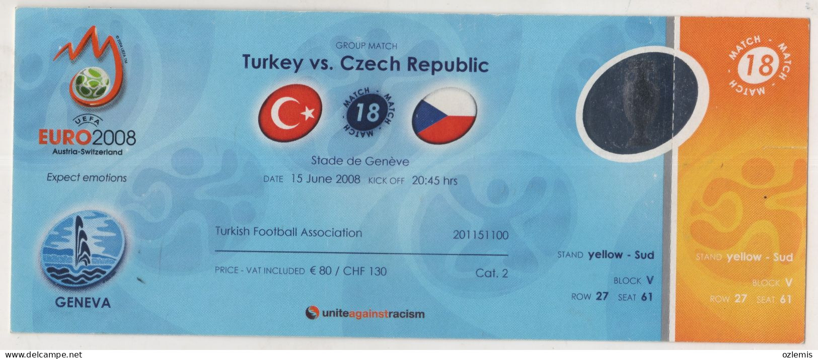 EURO 2008,AUSTRIA-SWITZERLAND ,GROUP MATCH ,TURKEY - CZECH REPUBLIC ,STADE DE GENEVA ,MATCH TICKET, - Eintrittskarten