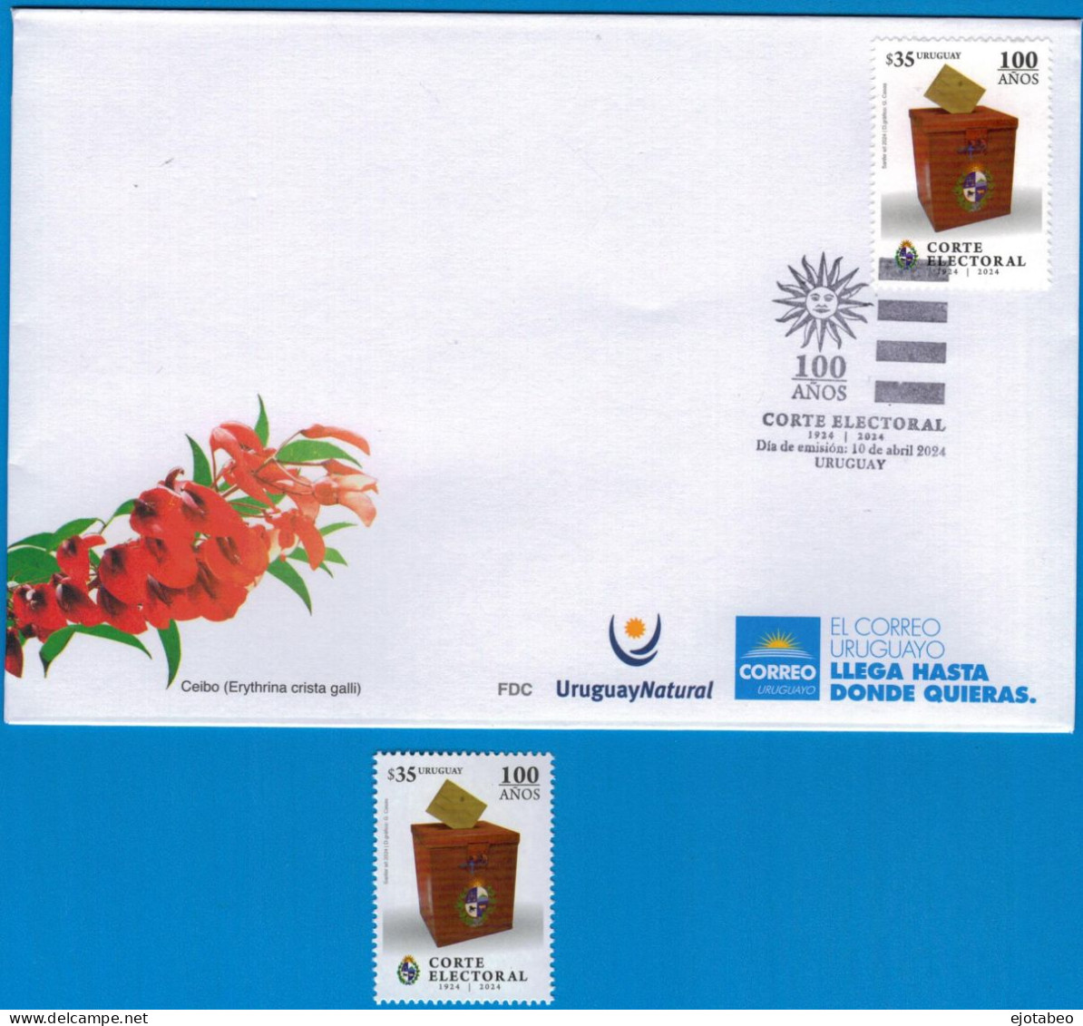 1826b Uruguay 2024-100 A. De La Corte Electoral  - TT:Escudos,Faros,Sobres,Soles-Combo: Sello Y FDC - Uruguay